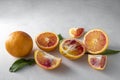 Bloody orange fruits composition. Abstract citrus fruit on bright background Royalty Free Stock Photo