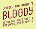 Bloody red alphabet with numbers and currency signs. Gaming stylized font