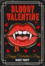 Bloody valentine vintage colored poster vampire women mouth with fangs and blood drops. Vector illustration with grunge