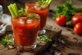 Bloody or virgin mary cocktail served in a glass with celery sticks and cherry tomatoes Royalty Free Stock Photo