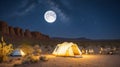 bloom night with moon and stars with camping in the desert