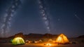 A bloom night with moon and stars with camping in the desert with born fire