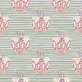 Bloom seamless abstract pattern with light pink folk flower bud ornament. Grey striped background