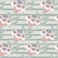 Bloom seamless pattern with hand drawn folk flowers elements. Blue light striped background Royalty Free Stock Photo