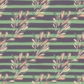 Bloom seamless pattern with pink colored foliage doodle ornament. Purple and green colored striped background Royalty Free Stock Photo