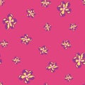 Bloom seamless pattern with purple random flowers bud ornament. Bright pink background. Summer print