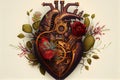 Blooming anatomical human heart. Hand-drawn illustration in steampunk style