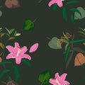 Blooming beautiful sweet pink lily seamless pattern,exotic tropical leaves on dark summer night background