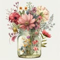 Blooming Beauty: Colorful Spring Flowers in a Mason Jar Bouquet Generative AI Royalty Free Stock Photo