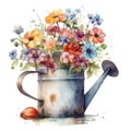 Blooming Beauty: A Watering Can Filled with Flowers on a White Background. Perfect for Invitations and Scrapbooking.