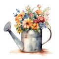 Blooming Beauty: A Watering Can Filled with Flowers on a White Background. Perfect for Invitations and Scrapbooking.