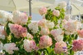 Blooming bouquet of hydrangea flowers outdors. Tender wedding decoration