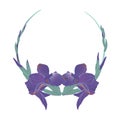 Blooming and budding iris flowers wreath