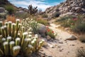 blooming cacti along rocky desert hiking trail