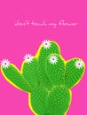 Blooming cactus on colorful pink background and text Don`t touch my flowers. Funny poster, print. Modern collage