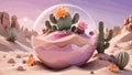 Illustration background of a blooming cactus in a glass Globe in the desert