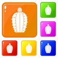 Blooming cactus icons set vector color