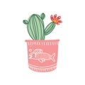 Blooming Cactus Indoor House Plant Growing in Cute Pink Pot, Design Element for Natural Home Interior Decoration Vector