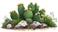 Blooming cactus plants with rocks and desert vegetation on white background Royalty Free Stock Photo