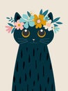 Blooming cat. Spring flowers on the head of a fancy cat with huge eyes isolated on a light gray