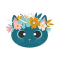 Blooming cat. Spring flowers on the head of a fancy cat with huge eyes isolated