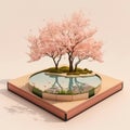 Blooming cherry blossom tree and tranquil pond background with a minimalistic wooden podium display AI generation