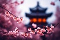 Blooming cherry blossoms and pagoda in japan Royalty Free Stock Photo