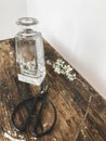 Blooming cherry branch, scissors and glass vase on rustic wood in stylish room. Home minimal decor and spring details. Vertical Royalty Free Stock Photo