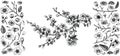 Blooming cherry branch, vector illustration and big set of design elements: flowers, leaves, petals, buds.