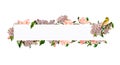 Blooming cherry flowers, green bird frame watercolor Royalty Free Stock Photo