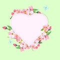 Blooming cherry, sakura. Greeting card with heart and sakura flo