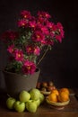 A blooming chrysanthemum with red flowers rests in a rustic pot surrounded by apples and some oranges and tomatoes.