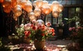 Blooming colorful balloons and pink roses flowers in vintage pot decorated for party and festival in garden Royalty Free Stock Photo
