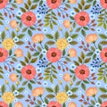 Blooming colorful flowers design on blue color background.