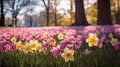 Blooming Daffodils At Sunrise: A Garden Of Pink And Maroon