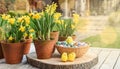 Blooming Easter flowers and chocolate eggs on a garden table. Royalty Free Stock Photo