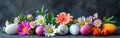 Blooming Easter Greetings: Vibrant Still Life of Colorful Spring Flowers on Dark Blackboard Background