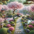 Blooming Elegance: AI Crafted Cherry Blossom Garden Oasis with Pond and Sculpted Foliage