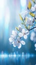 Blooming elegance Spring branch with white flowers on blue bokeh