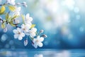 Blooming elegance Spring branch with white flowers on blue bokeh