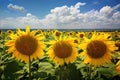 A blooming field of sunflowers, against a background of blue sky and white clouds, on a sunny day Royalty Free Stock Photo