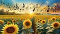 blooming field of sunflowers with sunset