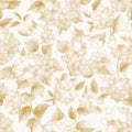 Blooming flower of golden hydrangea on white background. Seamless patternn of hortensia flower. Mop head hydrangea