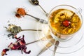 Blooming or flowering tea in a glass cup and spoons with various kinds of tea on white background Royalty Free Stock Photo