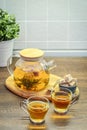 Blooming flowering tea in glass teapot Royalty Free Stock Photo