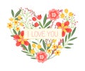 Blooming Flowers and Blossom Arranged in Heart Shape with I Love You Inscription for Valentine s Day Vector Illustration Royalty Free Stock Photo