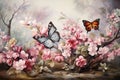 Blooming flowers and butterflies in the spring garden Royalty Free Stock Photo