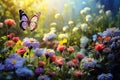 Blooming flowers and butterflies in the spring garden Royalty Free Stock Photo