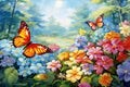 Blooming flowers and butterflies in the spring garden Royalty Free Stock Photo