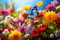 Blooming flowers and butterflies in the spring garden Royalty Free Stock Photo